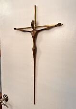 Vintage MCM Brutalist Brass Cross Hand Carved Wood Jesus Crucifix RARE picture