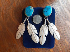 Vintage Ben Begaye Navajo 3 In Turquoise Feather Sterling Silver Dangle Earrings picture