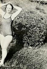 1970s Pretty Curvy Woman Armpits Striped Bikini River Beach Portrait Photo picture