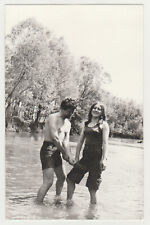 Shirtless Man in Swim Trunks Bulge & Woman Unusual Snapshot 1970s VTG Old Photo picture