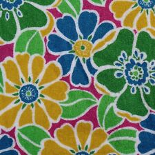 Vtg Terry Cloth Fabric Retro Flower Power Pink Green Yellow Floral 2.6 yds picture