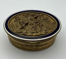 Antique Gilt Bronze Oval Trinket Jewelry Box with Navy & White Enamel Lid VGUC picture