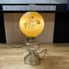 ANTIQUE OIL LAMP ELECTRIFIED GLASS BOTTOM HAND PAINTED FLORAL SHADE picture