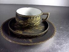 Japanese satsuma black matte and gold desert plate & one cup and saucer picture