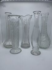 Vintage Lot Of 5 Clear Glass Bud Vases. (1)FTD, (1)Swung/ Ruffle, ~9”. Read Desc picture