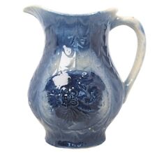 Antique Salt Glaze Milk Pitcher Blue White Floral Stoneware 6.75