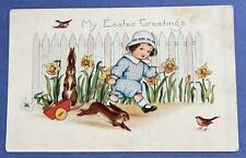 Vintage Easter Postcard~child, bunnies, daffodils, bird. E506 picture