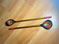 Vtg Russian Folk Art Khokhloma Ladle and Slotted Spoon Wood Hand painted Lacquer picture