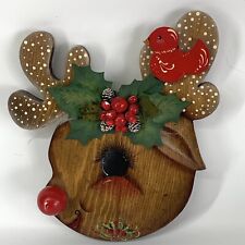 Vintage Handmade Wood Christmas Decoration Reindeer Art Plaque MCM Rudolph picture