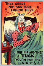 1940s WWII Era Comic Postcard Hungover Man Complains About Nip and Tuck Liquor picture