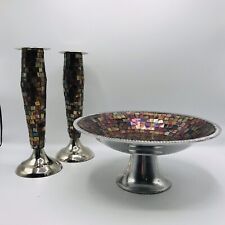 Vintage Mosaic Wood Candlestick Candle Holder W Matching Pedestal Dish MCM picture