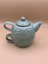 Pier One Imports Teapot For One Green Floral Stoneware Dishwasher Microwave Safe picture