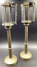 Gene Byron Mid Century Modern Brass Copper Candlesticks Pair Glass Shades RARE picture