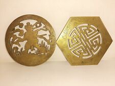 Pair Vintage Asian Solid Brass Trivets - Etched  picture