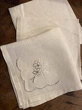 Vintage White Linen Flower Embroidered Napkins 3 Metallic Bronze Thread picture