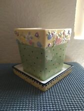 Mary Engelbreit Ceramic Floral Planter & Bottom Dish  Pink Green Yellow 5x5 1999 picture