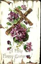 Easter beautiful design ~ rustic cross wood violets Birn Brothers 1912 embossed picture