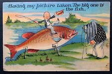 Linen Postcard Fishing Exaggeration Man Having Picture Taken with Huge Fish picture