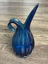 Vintage Murano Style Blue Art Swung Vase Glass Pitcher Ewer Ribbed 7