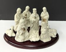 Vtg Ivory & Gold 11 Piece Porcelain Christmas Nativity Set w/ Wooden Base picture