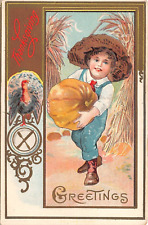 Thanksgiving Greetings Farm Boy Holding Pumpkin Embossed c1910 Postcard picture