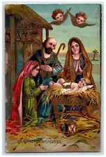 1909 Christmas Religious Gel Gold Gilt Manger Nativity Embossed Antique Postcard picture