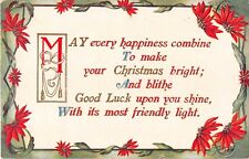 Old 1910 Art Nouveau Christmas Motto Postcard With Poinsettia Borders picture