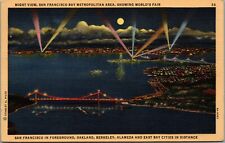 San Francisco Bay CA Night Moon Spotlights World's Fair Ships Bridges Postcard picture