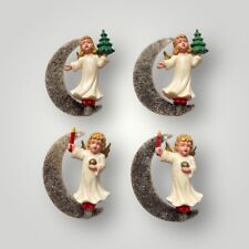 Vintage Christmas Angels Celluloid Glitter Mica Crescent Moon Ornaments Lot of 4 picture