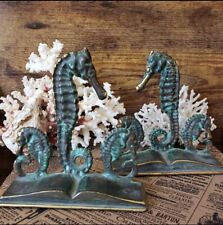 Vintage Pair SEAHORSE BRASS BOOKENDS by VIRGINIA METALCRAFTERS Verdigris Patina picture