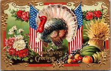 Thanksgiving Vintage Postcard Turkey Patriotic Flags Gold #2096 JC12 picture