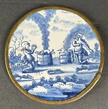 Antique Blue & White Tile Wrapped In Brass Border  picture