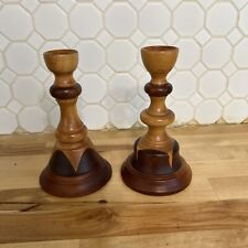Pair Of Handcrafted wooden candlestick holders, vintage, Used. picture
