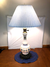 QUOIZEL VINTAGE TABLE LAMP #1961 BLUE FLORAL BASE GINGHAM SHADE 1973 3 WAY picture