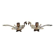 Vtg Pair MCM French Brass Peacock Chambersticks - Candle Holder Griffin Phoenix picture
