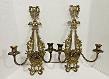 2 Vintage Gold brass wall sconce double arm candlestick holder floral and bow picture