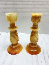 Vintage Marble Alabaster Stone 2 Candlestick Holders Hand Carved 1970s 6 Inches picture