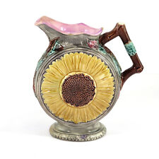 RARE Antique 19th c. English Majolica SAMUEL LEAR Sunflower Flat Sided Pitcher picture