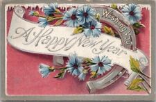 Vintage HAPPY NEW YEAR Embossed Postcard Silver Horseshoe /Blue Flowers 1909 RPO picture