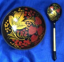 Vintage Russian Laquer Khokloma Painted Bowl And Spoon Strawberries picture
