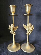 Virginia Pair Of Brass Cherub Candlesticks 7.75” Tall Made In India picture
