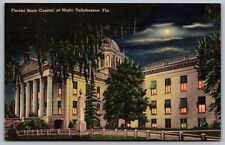 Tallahassee Florida State Capitol Building Nighttime View Linen Postcard picture