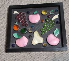 Vintage Stained Glass Art Wall Hanging Fruit Grapes Apples Pears Wood Frame picture