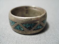 STRIKING VINTAGE THICK NAVAJO TURQUOISE STERLING SILVER INLAY RING OLD picture