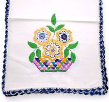 Vintage Crewel Embroidered Table Runner Bright Floral Basket Crocheted Trim 40