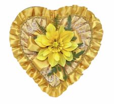 Vintage Fannie May Heart Candy Box Yellow Satin Plastic Flower Lace Trim MCM picture