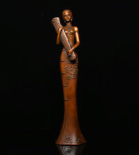 Chinese Collection Boxwood wood Carve hold Qin beautiful woman goddess Statue  picture