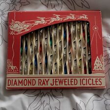 VINTAGE CHRISTMAS DIAMOND RAY JEWELED ICICLES METAL TINSEL IN ORIG BOX~ picture