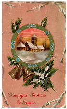 Christmas Joy Winter Church Bells Snow Embossed USA Antique Postcard Posted 1910 picture