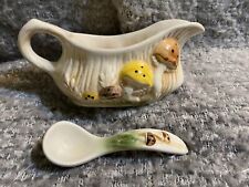Vtg 1970s Arnel's Pottery White Ceramic Gravy Boat Spotted Mushroom Design Spoon picture